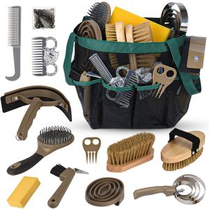 Horse Grooming Kit 13 Piece, Horse Brushes for Grooming Supplies Set with Organizer Bag, Horse Brush & Curry Comb for Effective Cleaning, Gift for Horse Riders Beginners (Brown Green)