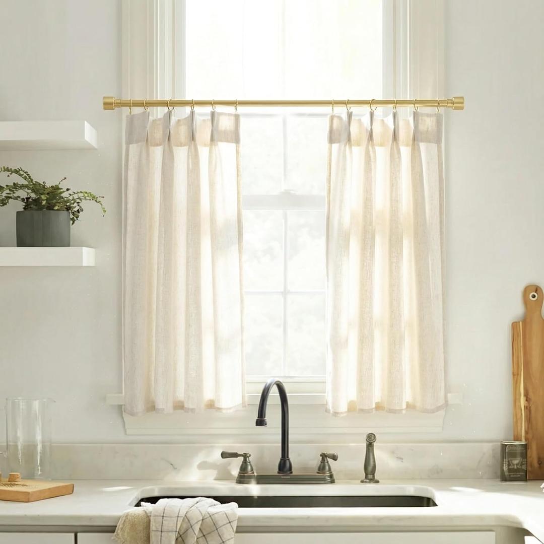 Lino Rosa 30 Inch Length Curtains for Short Window,Neutral Natural Linen Cotton Fabric Cafe Style Farmhouse Pleated Sheer Boho Curtains for Kitchen Window Bathroom,Cream Ivory Off White