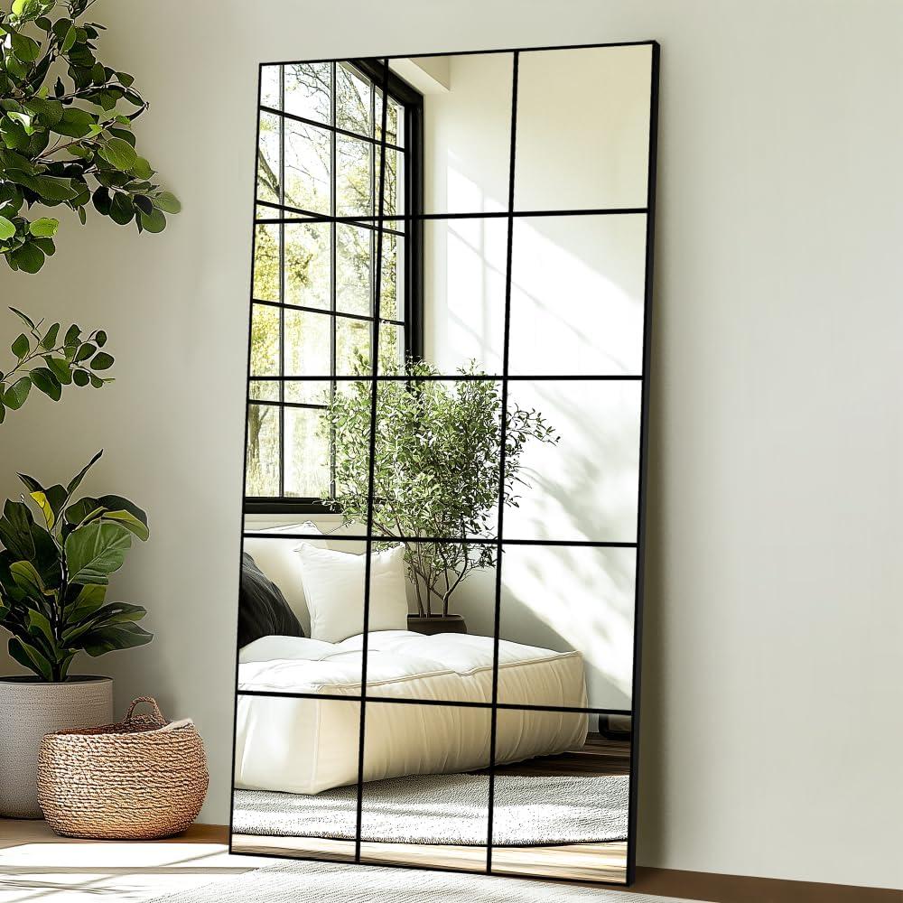 Delma Full Length Mirror, 28"x 55" Window Pane Decorative Mirror for Wall, Black Metal Framed Wall Decor, Wall Mounted, Hanging or Leaning for Bedroom, Living Room, Entryway