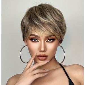 Female Hair Wigs - Short Golden Brown Wavy With Bangs, Layered Human Hair Wigs for Women