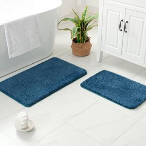 MIULEE Microfiber Bathroom Rugs and Mats Sets 2 Pieces Extra Thick Non Slip Bath Mat Absorbent Soft Shaggy Washable Quick Dry Rug for Bath Room Floor Restroom, 16"x24"+20"x30", Navy Blue