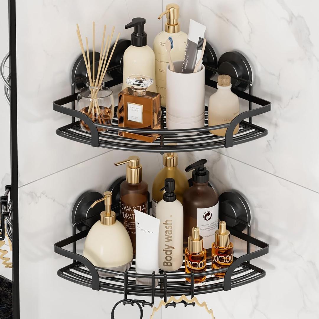 TAILI Powerful Suction Cup Corner Shower Caddy 2 Pack, Stainless Steel Rustproof Shower Shelf with Hook, Drill-free Wall Mounted Basket, Large Capacity Removable Suction Cup Bathroom Organizer, Black