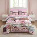 Nesker Comforter Set Queen Size, Girly Hot Pink Perfume 7 Pcs Bedding for Kids and Adults, Girls Quotes Motivational Book Bed Sheet Sets with Fitted Sheet 2 Pillowcases & 2 Shams