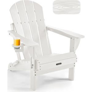 Ciokea Folding Adirondack Chair Wood Texture, Patio Adirondack Chair Weather Resistant, Plastic Fire Pit Chair with Cup Holder, Lawn Chair for Outdoor Porch Garden Backyard Deck (White)(32.9"D x 29.4"W x 35.8"H)