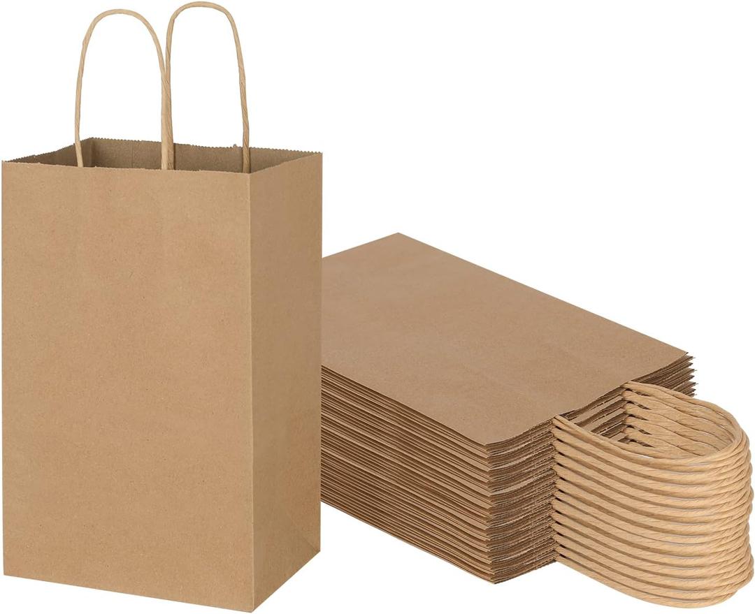 Toovip 50 Pack 5.25x3.25x8.25 Inch Small Plain Brown Kraft Paper Bags with Handles Bulk, Gift Bags for Favor Grocery Retail Party Birthday Shopping Business Goody Craft Merchandise Take Out Sacks