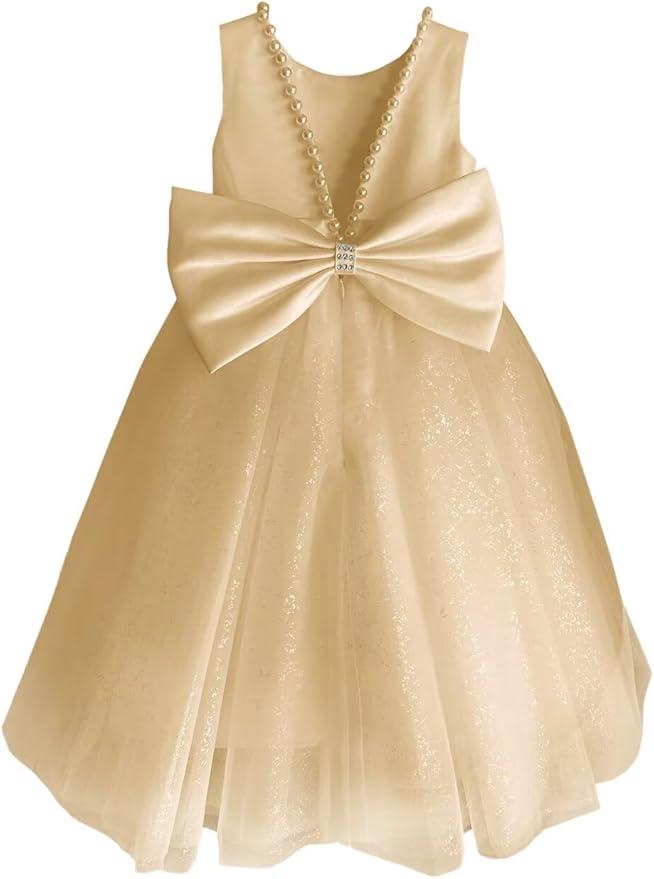 Glitter Tulle Flower Girl Dress V-Back Girls Party Dress with Pearls Princess Full-Length Bow-Knot Pageant Dress, Size 4