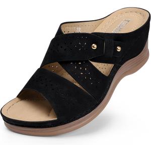 TEMOFON Wedge Sandals for Women Summer: Dressy Low Heel Sandals Black/Navy/White, Comfortable Walking, Arch support, Casual Slip on Summer Shoes, Size 8.5