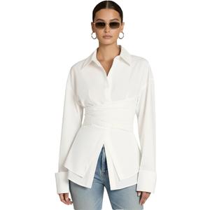 Women Fitted Button Down Shirt Cinched Waist Tops Cotton Long Sleeve Wrap Blouse Stylish Dressy Casual Outfit 2025 (White, S)