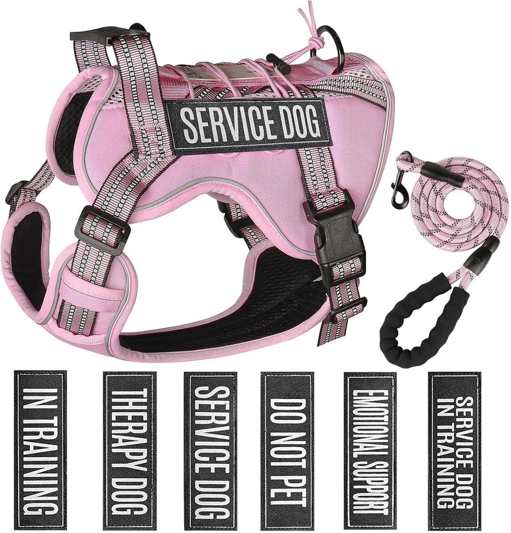 Service Dog Tactical Vest Harness and Leash Set Medium Sized Dog Emotional Support- Tactical Dog Harness Training Collar with Name (Pink, M)