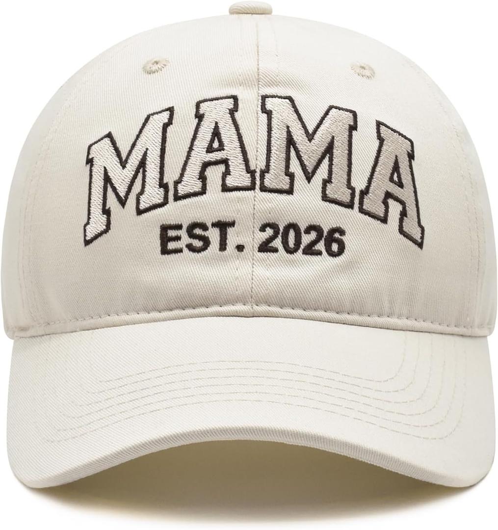 Mama EST 2026 Hat, Mother's Day Birthday Gifts for New Mom, Adjustable Embroidered Mama Baseball Cap for Women (Beige, M)