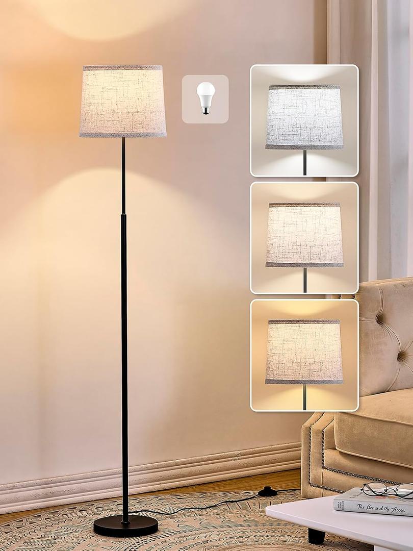 60" Modern Floor Lamp for Living Room Bedroom, Standing Lamp with Oatmeal Linen Lampshade, Tall Lamp with A19 9W 3 Color Temperature Bulb, Foot Switch Control, Black