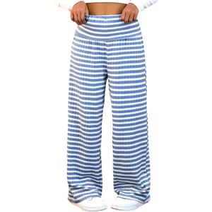 RoseSeek Girl's Striped Straight Leg Pants Elastic Waist High Rise Casual Long Trousers Blue, 11Y
