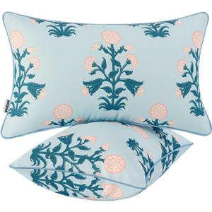 MIULEE Decorative Floral Outdoor Lumbar Pillow Covers with Inserts Set of 2 12x20,Waterproof Vintage Fade Resistant Patio Throw Pillows with Piping for Spring Summer Garden Couch Sofa,Blue Pink
