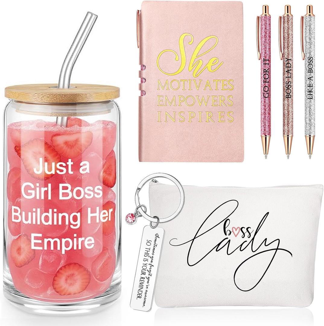 SiliFine Pink 7 Pcs Boss Gift Sets for Women Her Lady, Best Boss Appreciation Gift 16 oz Glass Cup Lady Makeup Bag Keychain A6 Notepad Ballpoints Pen for Female Leader Manager