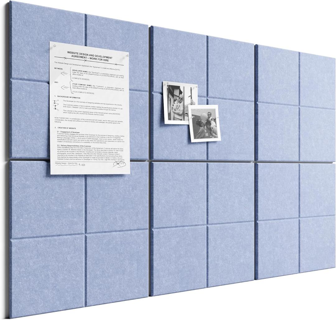 Bumusty Large Felt Bulletin Board, 36" x 24" Cork Board Alternative, 6-Pack Wall Tiles with 4-Compartment Design, 30 Push Pins, 40 Adhesive Tabs, Ideal for Office & Home Decor, Soft Periwinkle