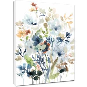 EOBTAIN Vintage Floral Wall Art Blue Watercolor Wildflower with Green Leaf Nature Plant Framed Picture Rustic Botanical Painting Artwork Print Decor for Bedroom Living Room 16x24 Inches