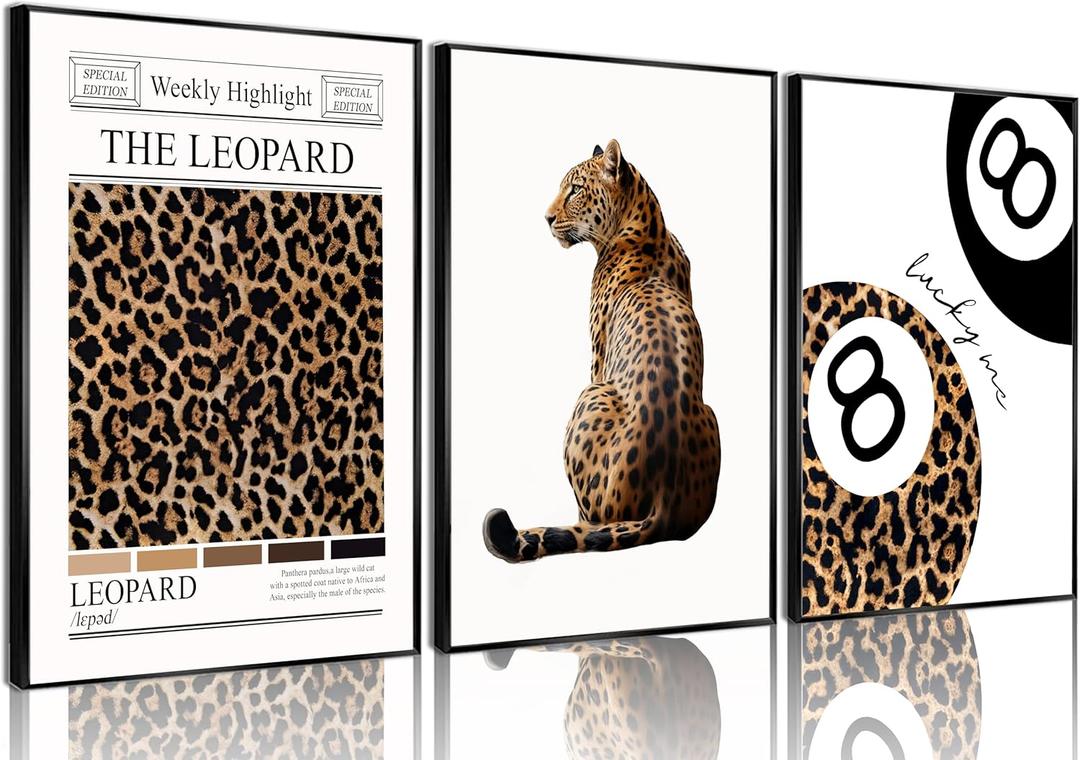 Trendy Leopard Wall Art Set of 3 Funky Lucky 8 Ball Posters Prints Preppy Room Aesthetic Cheetah Wall Decor Pictures for Girls Bedroom Apartment Dorm Unframed 16x24in