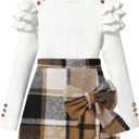 Girls Clothes Ruffle Long Sleeve shirt Top and Bowtie Plaid Skort Set 2PCS Girls Fall Outfits 6-16 Years (White)