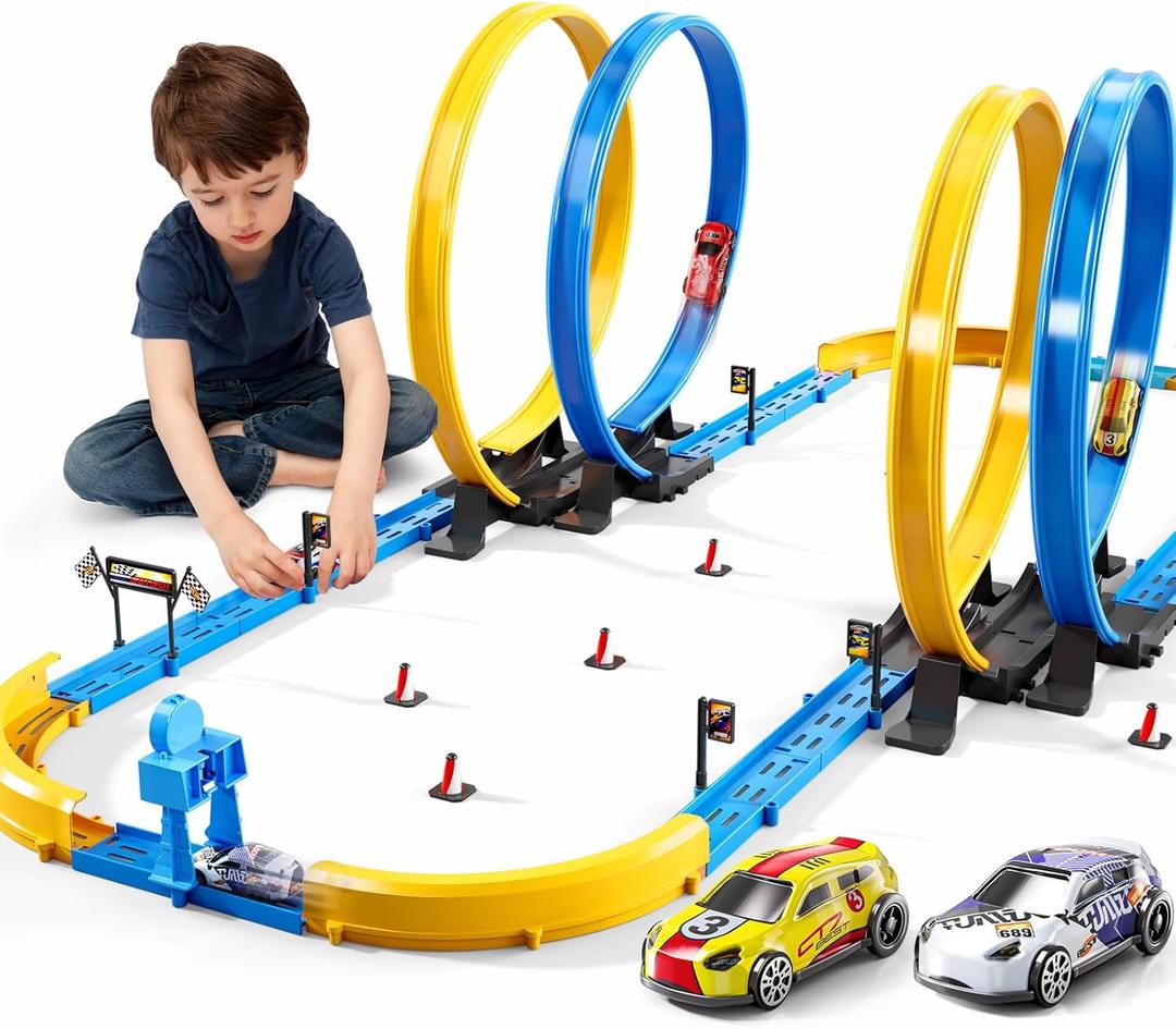 Slot Car Games Race Cars Toys for Boys Kids Age 5-7, Toy Cars Track Set with 4 Slot Cars, Loops and Circular Track, Slot Car Race Track Sets for 3 4 5 6 7 8+ Year Old Boy Girl Birthday Gifts