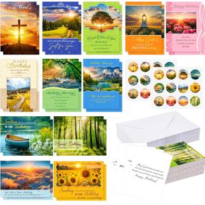 48 Pack Religious Christian Birthday Cards Bulk with Scripture Assorted Bible Verse 4.5 x 6.2 Inch Christian Blessings Birthday Greeting Cards with Envelopes and Stickers (Natural Style)