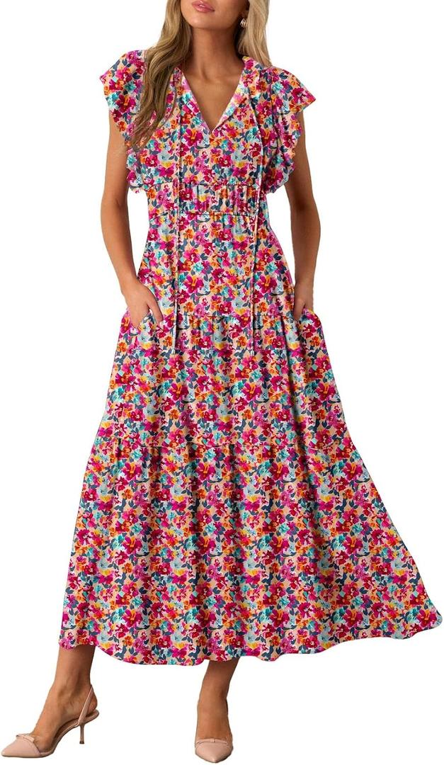BLENCOT Womens Cotton Floral Maxi Dresses Casual Flowy Boho Dresses Summer Ruffle Short Sleeve V Neck Dress with Pockets (L)