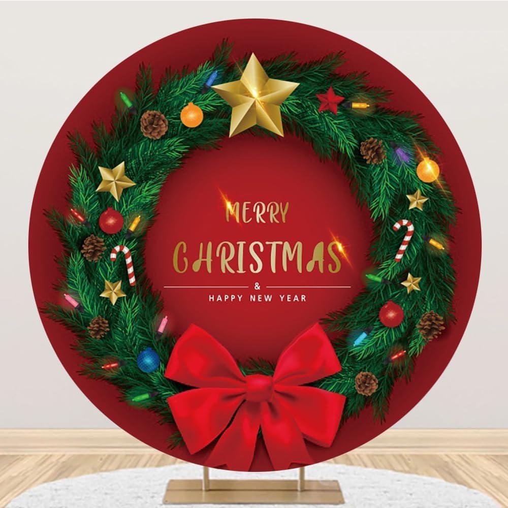 YongFoto 6x6ft Merry Christmas Round Backdrop Cover Green Exquisite Christmas Ring Red Bowknot Circle Background for Photography Happy New Year Eve Party Xmas Santa Party Festival Baby Shower (6ftx6ft, Style 8)