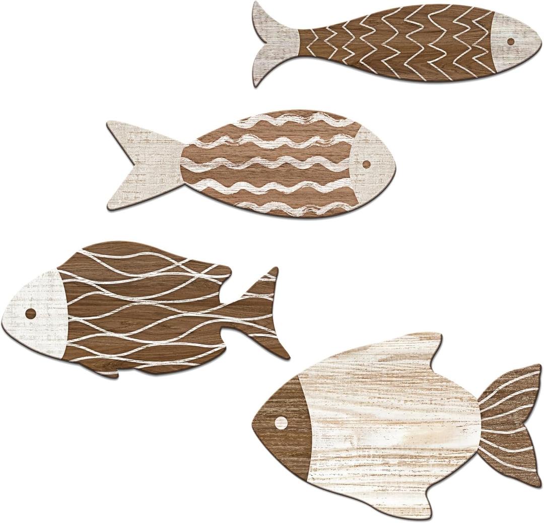 4 Pieces Wooden Fish Wall Decor Set, 12 Inch Coastal Wall Art for Bathroom, Beach House, Family Rooms - with Hooks & Adhesive Pads (Brown)
