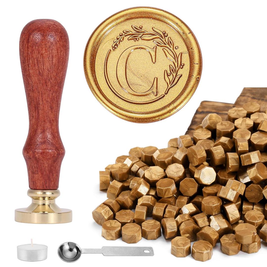 Yoption Vintage Letter C with Wreath Wax Seal Stamp Kit with 120 Antique Gold Wax Seal Beads