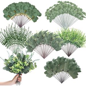 Ceenna 400 Pcs 6 Kinds Mixed Eucalyptus Leaves Stems Bulk Artificial Eucalyptus Leaves Sprays Silver Dollar Faux Greenery Picks Bundle for Wedding Vase Floral Arrangement Decor