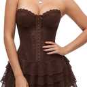 Women's Lace Corset Dress Sexy Mini Party Dress with Built in Shorts (Brown, L)