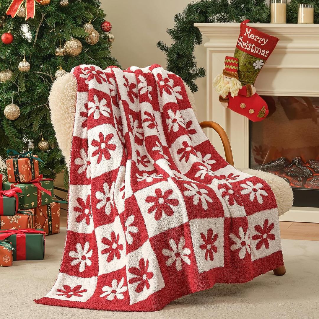 Snuggle Sac Checkered Blanket, Red Flower Throw Blanket for Christmas Couch Plaid Microfiber Fluffy Warm Cozy Fuzzy Soft Reversible Checkerered Blankets for Sofa, Chair, Bed, 50x60 inches