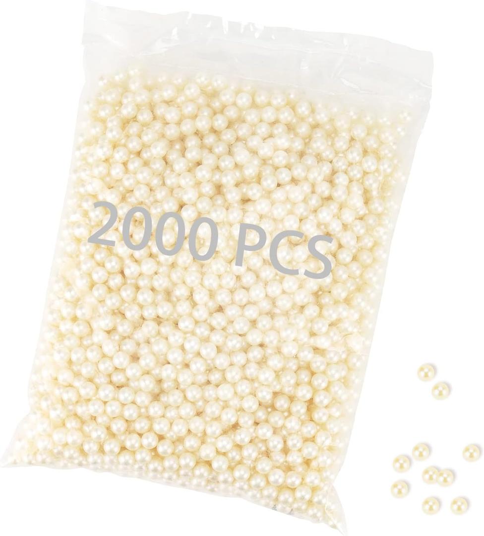 2000 Piece 8mm Round Pearls, Undrilled Art Faux Pearls, No Hole Loose Beads for Makeup Brushes, Vase Fillers, Wedding Decorations, Beige