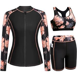 Daci Women 3 Piece Rash Guard - 3PC Long Sleeve Zip up Swim Shirt Sports Bra Modest Swimsuit with Shorts, Medium, Orange Floral 