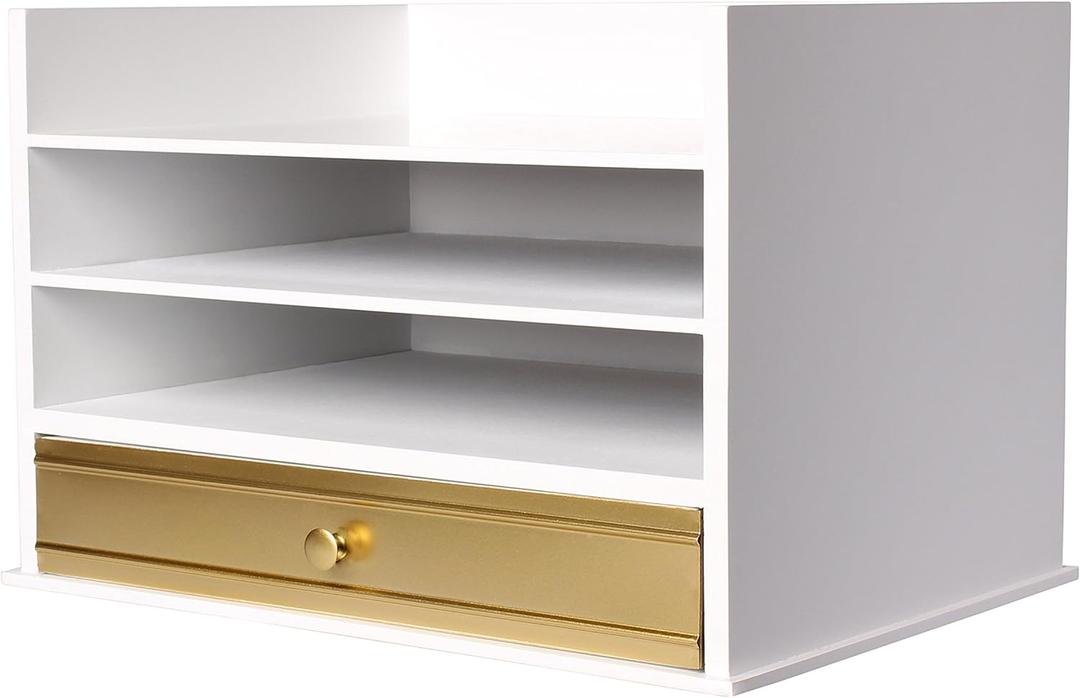 Kate and Laurel Industrious Desktop Wood Letter Tray with 3 Trays and Drawer, White and Gold (12.8" x 9.8" x 8.8")