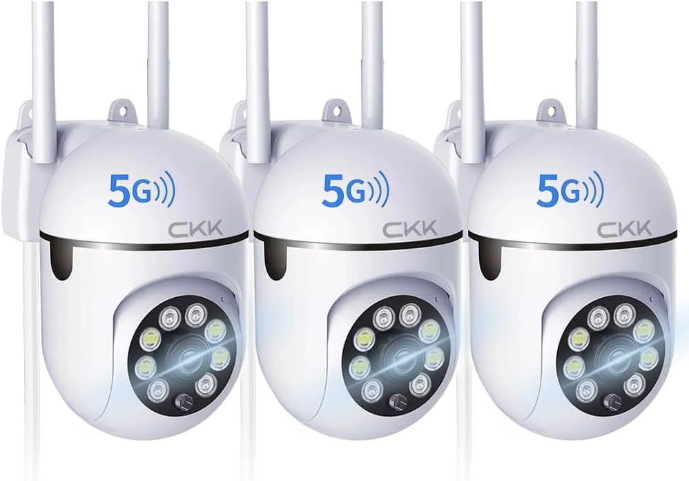 CKK 1080P Security Camera Outdoor Corded Power, 3 Pcs 2MP PTZ WiFi Home Camera (2.4G/5G Dual-Band), 360 Pan/Tilt, Color Night Vision, Motion Alerts, 2-Way Audio, Compatible with Alexa