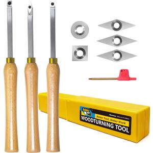 Mini Carbide Tipped Wood Lathe Turning tools Combo set Rougher Detailer Finisher with Wood Handle and Diamond Round Square Carbide Inserts3pcs