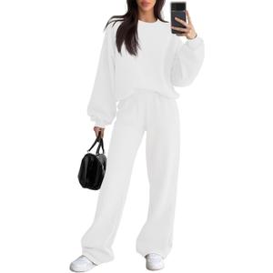 Women's 2 Piece Outfits Set Fleece Lined Lounge Sweatsuit Crewneck Pullover Top Wide Leg Pants Casual Tracksuit (X-Large, White)
