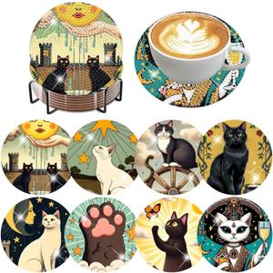 Zythron 8 PCS Diamond Art Coasters,Cat Diamond Painting Coasters Kits Funny Cat DIY with Holder DIY for Beginners, Adults, Diamond Art Kits for Adults Diamonds Art Crafts Supplies 4x4 in