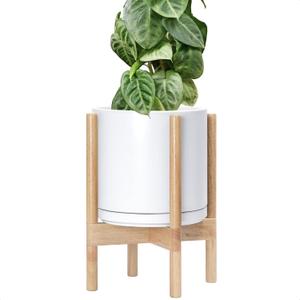 D'vine Dev Ceramic Planter with Natural Stand - 10 Inch Modern Round Flower Pot with Wood Planter Holder, White, 55-B-K-1
