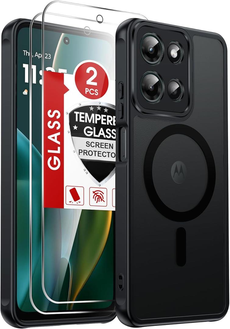 LeYi for Motorola Moto-G-2025 Case: Moto G 2025 Phone Case [MagSafe Fit] with [2 Packs] Screen Protector, Raised Camera Guard Slim Matte Translucent Smooth Soft-Touch Funda para G5G 2025, Black