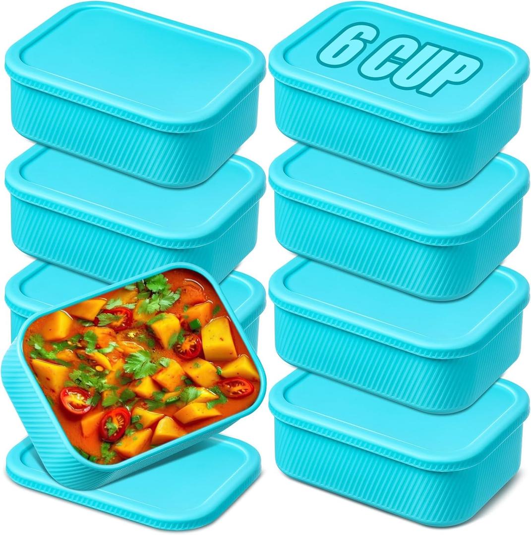 Nuogo 8 Pcs 6 Cup Silicone Freezer Trays with Lid Soup Containers Reusable Freezer Silicone Molds Rectangle Containers Ice Trays for Sauces Stews Curries, Lake Blue