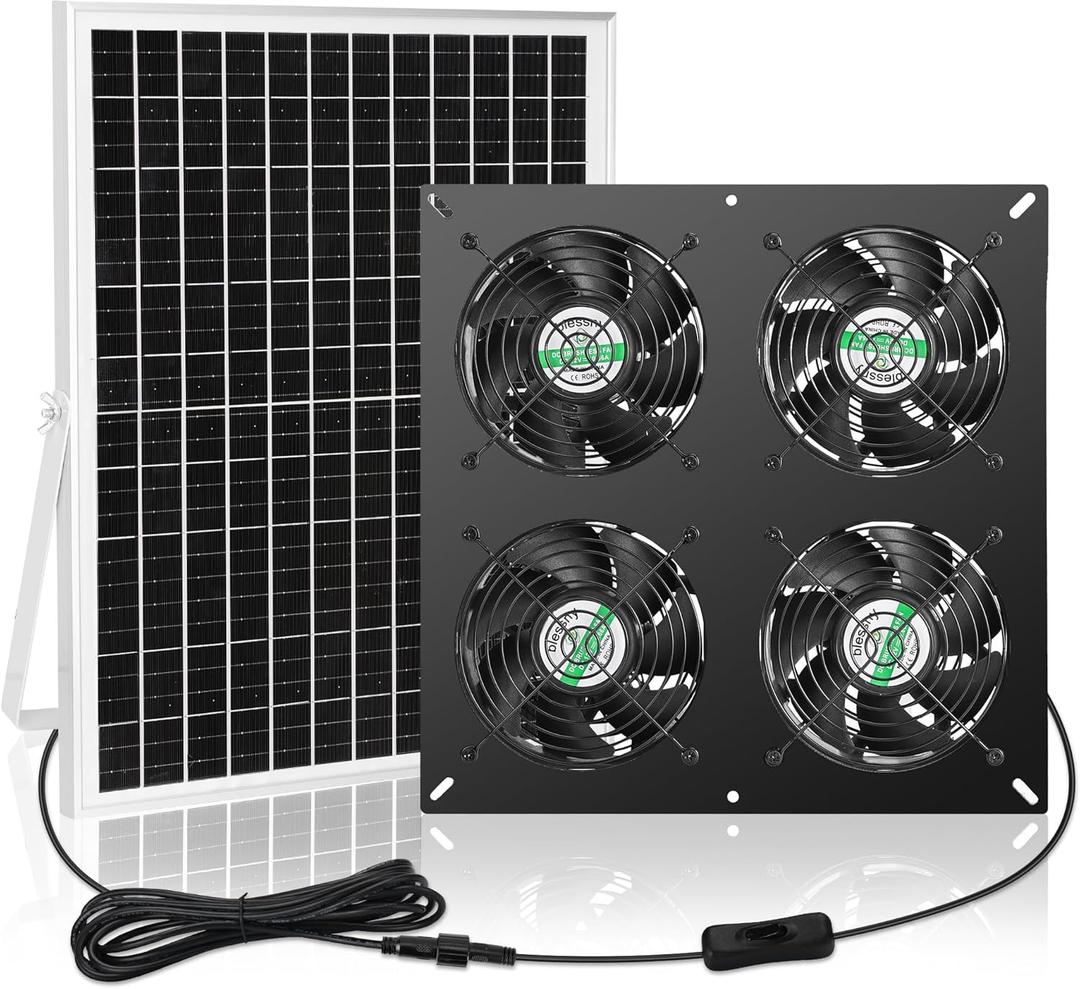 25W Solar 4 Fan Kit for Outdoor Greenhouse, Solar Powered Vent Exhaust Ventilation Fan for Chicken Coop, Shed Air Circulation, 14.7 Ft Long Cord with IP65 Weatherproof Rate