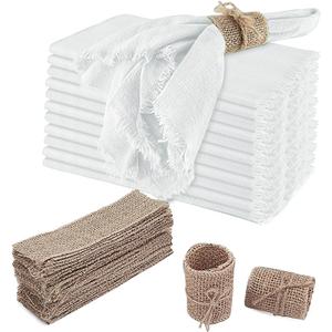 VIJIV 8 Pack Cheesecloth Dinner Napkins and Burlap Napkin Rings Set of 4 Natural, Cotton Linen Napkins Fringe, 18x18 Inches Decorative Boho Cheese Cloth Napkins for Wedding Western Party Decorations (White)
