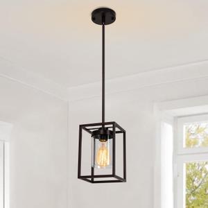 1-Light Oil Rubbed Bronze Pendant Light Fixture, Farmhouse Iron Cage Metal Pendant Light, Lantern Pendant Lighting with Clear Glass Shade for Kitchen Island Entryway Dining Room Hallway