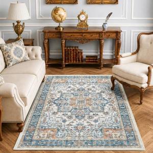 jinchan 5x7 Washable Living Room Area Rug, Vintage Oriental Medallion, Blue | Non-Slip, Soft, Low-Pile, Distressed, Indoor Carpet for Bedroom Dining Room Nursery, Floor Mat