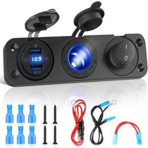 Kohree 12V Marine Boat Cigarette Lighter Socket, 3 in 1 Waterproof Car Dual QC3.0 USB Outlet Panel 12 Volt RV Power Socket LED Display Waterproof Charger Socket