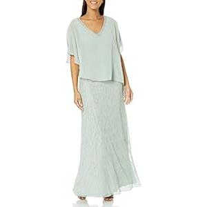 J Kara Women's Plus Size Beaded Bottom V-Neck Sheer Capelet Gown, Celadon/ Multi, 16W 