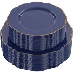 WDF 100pcs Blue Plastic Plates - Baroque Blue&Gold Disposable Plates for Parties/Wedding-50Plastic Dinner Plates 10.25in, 50Salad Plates 7.5in