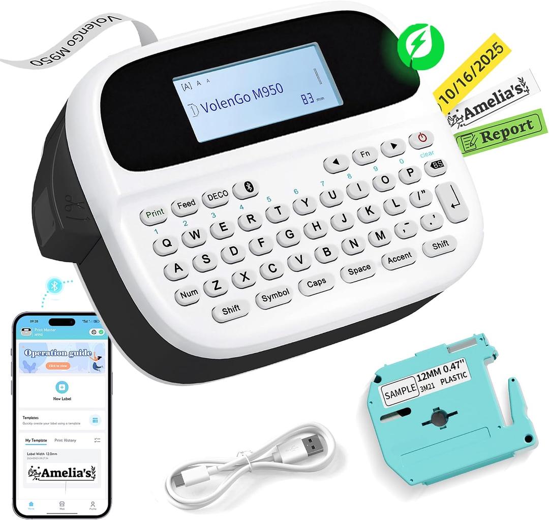 Label Maker Machine with-Tape, Rechargeable Label Maker Waterproof-Labels, Backlit Bluetooth Labeler, M950 12mm Portable Labeling Maker for Home Organization Office School Teacher Supplies