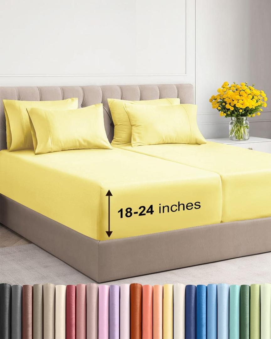 Extra Deep Split King Sheet Set - 7 Piece Breathable and Cooling Sheets - Hotel Luxury Bedding for Women, Men, Kids & Teens - Easy & Secure Fit - Soft and Wrinkle Free - Extra Deep Pockets - Yellow